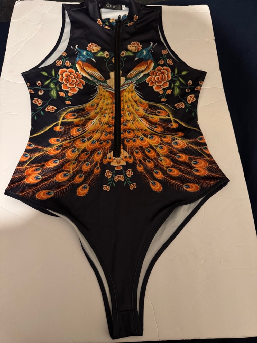 Black Peacock Print Zip-Front Bodysuit-Medium